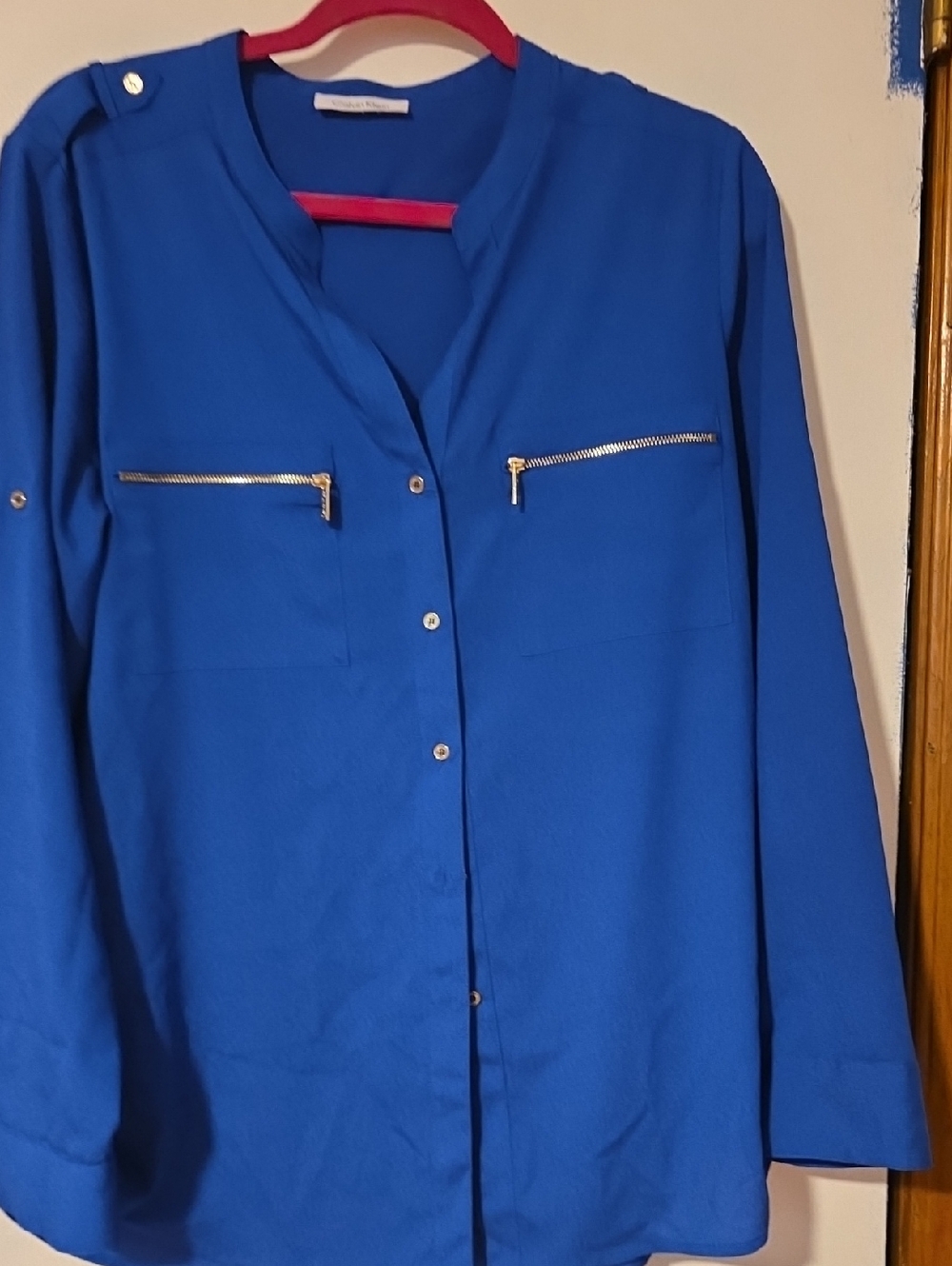 Calvin Klein Cobalt Blue Button-Front Blouse with Zip Chest Pockets